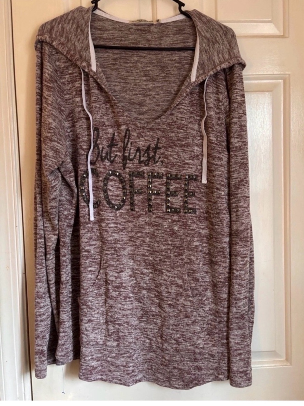 But First Coffee Hooded Pullover Top - mauve
